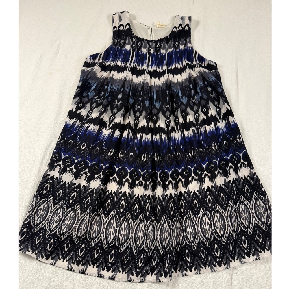Japna Blue White Ikat Geometric Sleeveless Shift Dress M Festival Boho Tribal